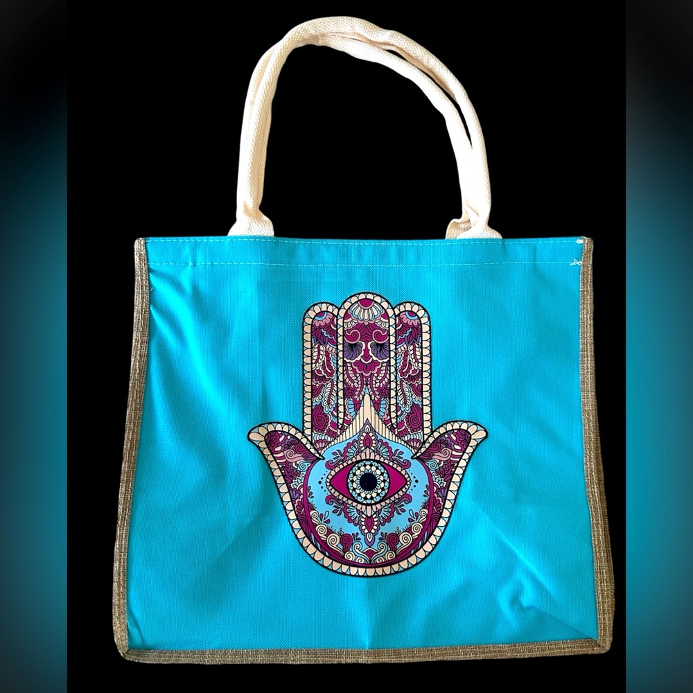 Handcrafted reusable everyday tote bag stamped hamsa hand double side color